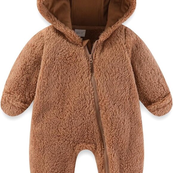 Adorable Newborn Baby Bear Fleece Snowsuit with Hood - Warm Winter Outfit - Picture 1 of 5